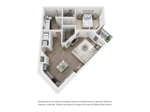 A 3D floor plan of a house with a living room, kitchen, dining room, and bedrooms.